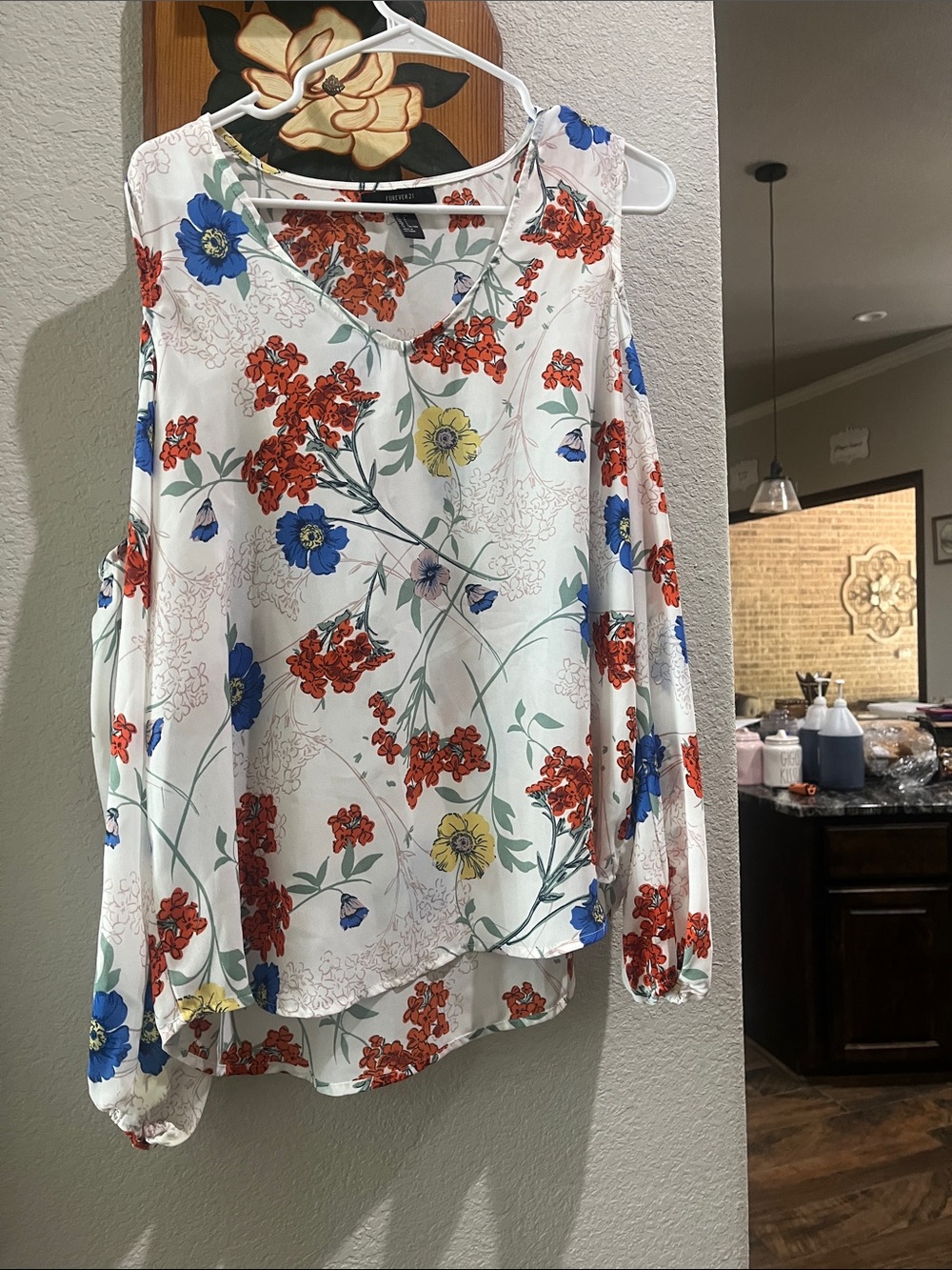 Forever 21 White Cold-Shoulder Floral Blouse with Red, Blue & Yellow Flowers